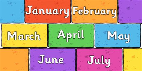 Cursive Months of the Year on Multicoloured Bricks - Twinkl