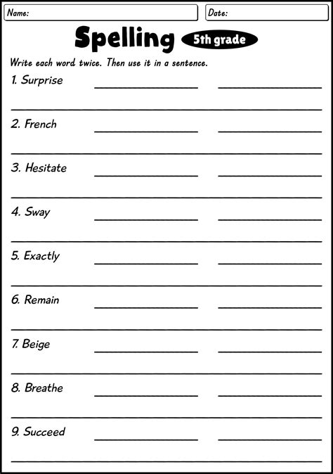 5th Grade Spelling Words Worksheets