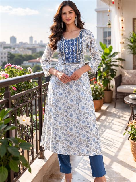 Teal Printed Cotton Kurta with Yoke Embroidery – Saffron Threads