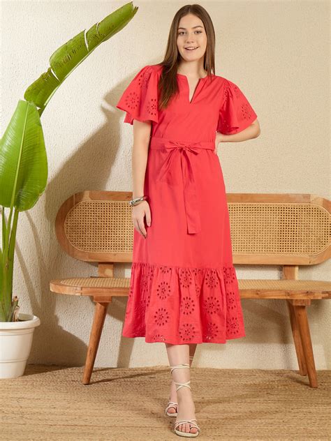 StyleStone Women's Red Cotton Schiffli Maxi Dress – Stylestone