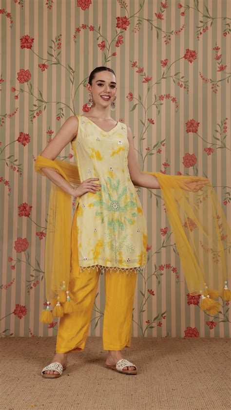 Green base with yellow tie-dye straight suit with yellow pant & dupatt