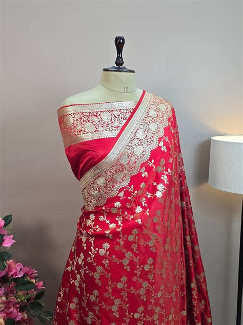 Malai Katan Satin Silk Banarasi Saree - Red Body with All Over Jaal ...
