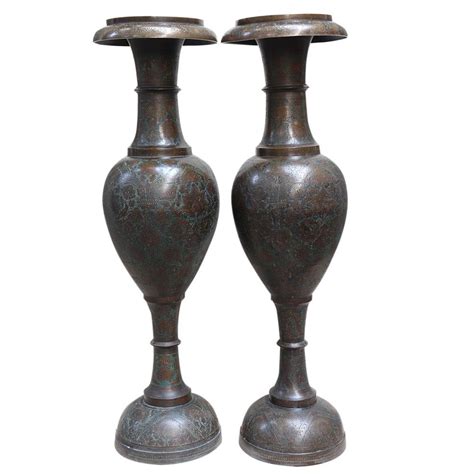 Old Brass Flower Versed With Badri Art In Pair