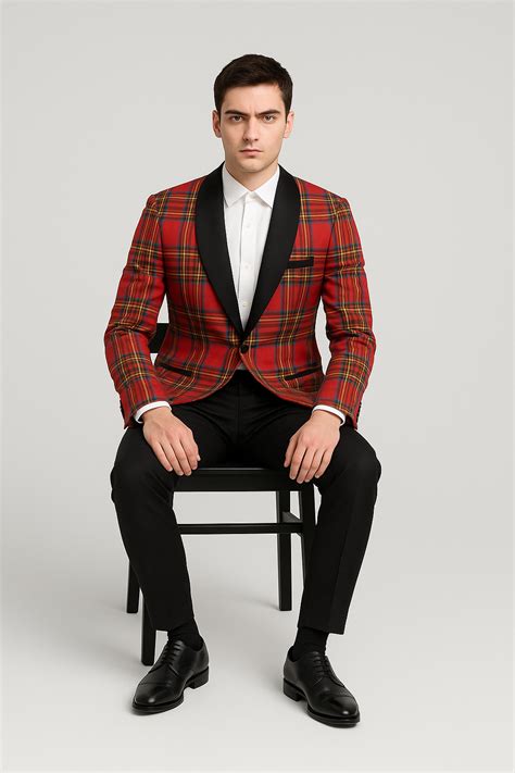 34 Mens Tartan Christmas Plaid Holiday Blazer in Red
