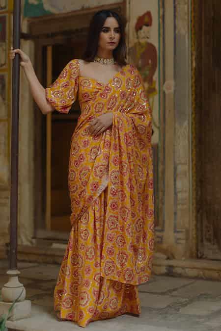 Buy Yellow Cotton, Chiffon Sequins Flower Print Pre-draped Saree With ...