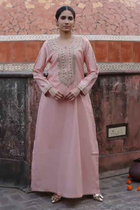 Buy Pink Chanderi Mirrors, Sequins Round Neck Embroidered Abaya Kurta ...