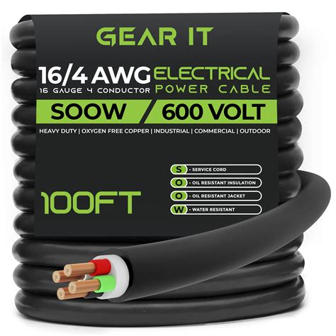 GearIT 16/4 16 AWG Portable Power Cable (100 Feet - 4 Conductor) SOOW 600V 16 Gauge Electric ...