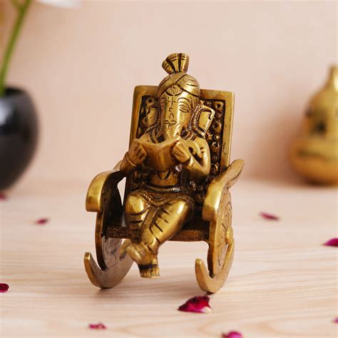 eCraftIndia Golden Brass Handcrafted Lord Ganesha Statue Sitting on a