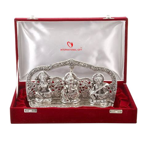 INTERNATIONAL GIFT Silver Plated Laxmi Ganesh Saraswati God Idol Statue