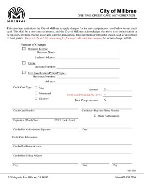 Fillable Online Credit Card Authorization Form - City of Millbrae Fax ...