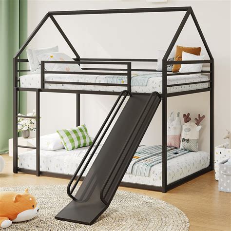 Amazon.com: YIORTWO Twin-Over-Twin Low Bunk Bed with Convertible Slide ...