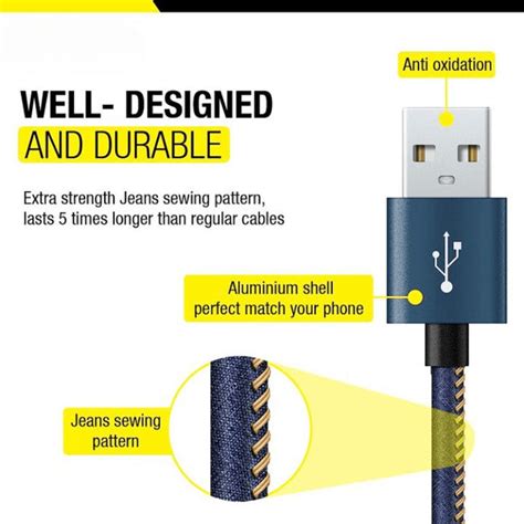 2.4A Micro USB Fast Charge and sync Data Transfer Cable 1 Meter Denim ...