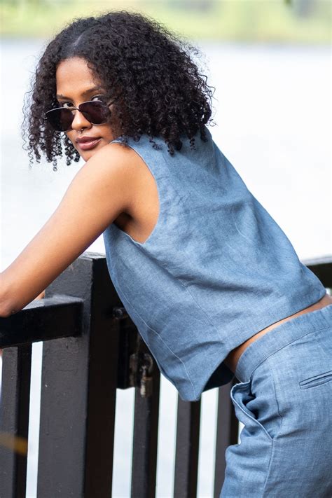 Explore The Heavy Linen Waistcoat for Women Denim Blue