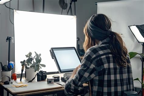 Female photographer working with mock up tablet on table with camera ...