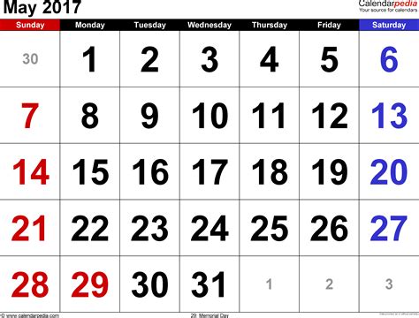 May 2017 - calendar templates for Word, Excel and PDF