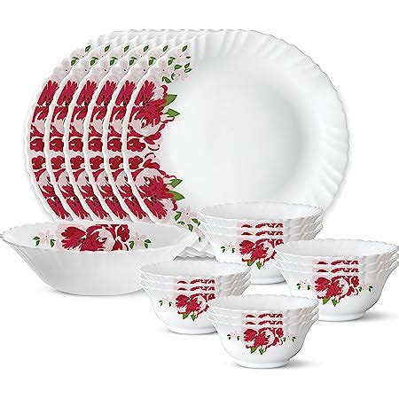 Larah by Borosil Red Bud Silk Series Opalware Dinner Set | 19 Pieces ...