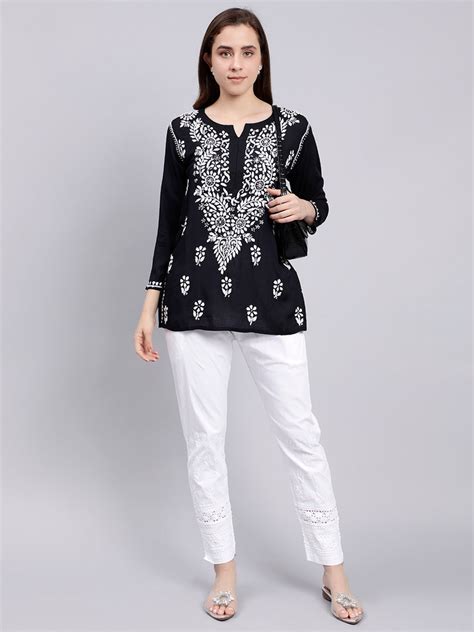 Seva Chikan Hand Embroidered Black Modal Lucknowi Chikankari Top SCL91