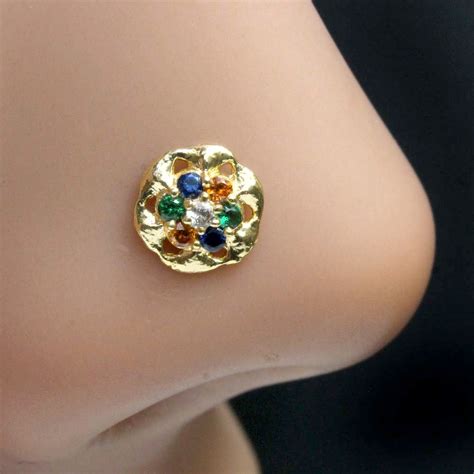 Beautiful Round Flower Indian Nose ring Multicolor CZ Twisted nose rin ...