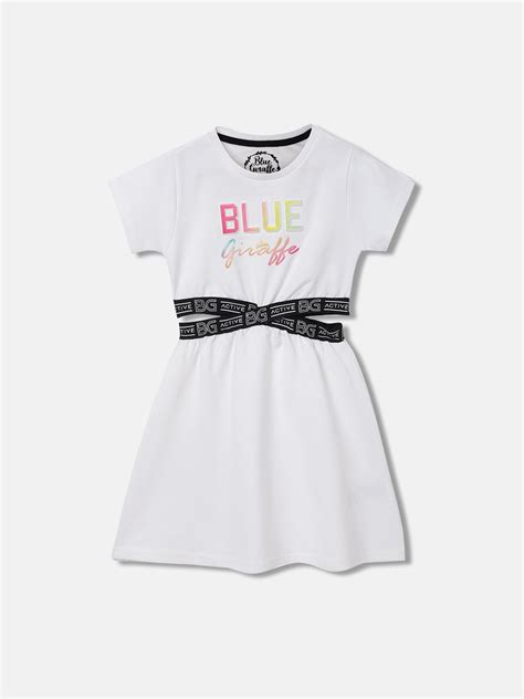 Blue Giraffe Girls White Printed Round Neck Dress - Iconic India
