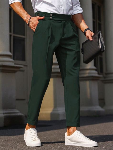 Men Solid Color Pocket Detail Pleated Straight Leg Casual Dress Pants ...