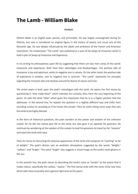 SOLUTION: William Blake - The Lamb (poem) - full study guide (analysis ...