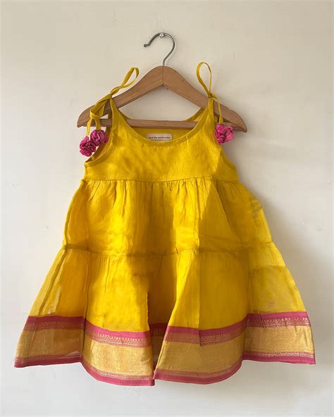 Basant yellow infant tiered festive dress in handwoven cotton silk (0 ...