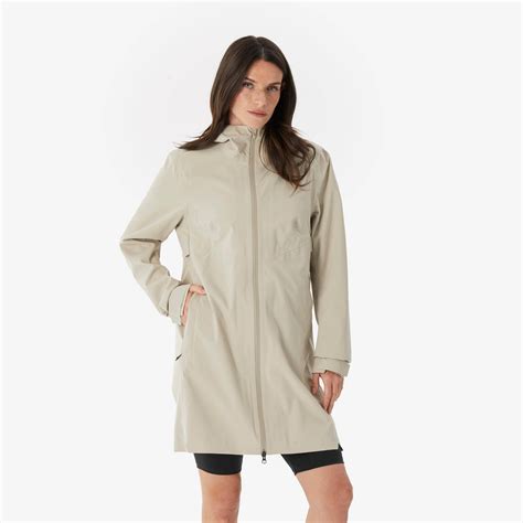 Women’s long, lightweight waterproof hiking jacket, MH100 - Beige