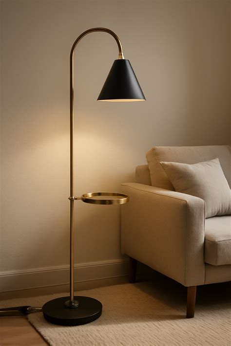 Arched Black & Gold Floor Lamp with Tray Table – Luxe Modern Design ...