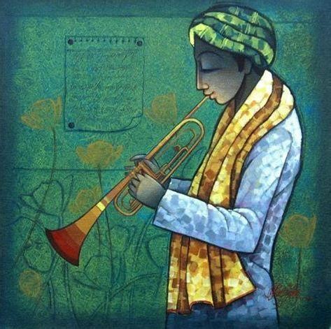 "Musician I": Yellow Green Mixed Media Painting by Ram Onkar | ArtZolo.com