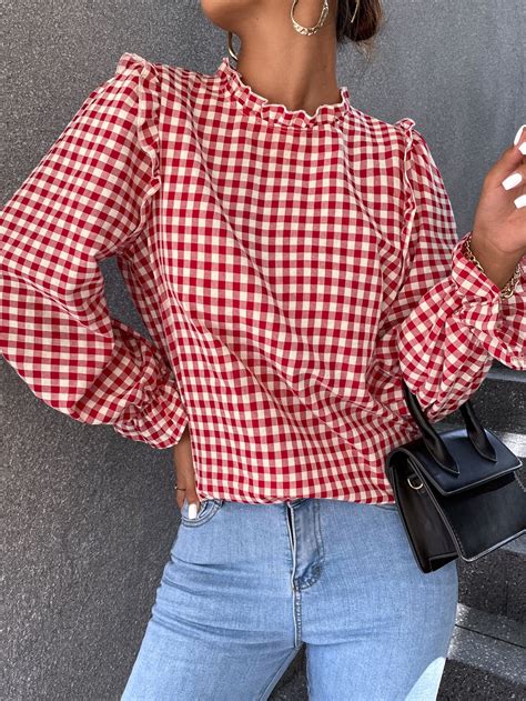 Frill Trim Gingham Blouse in 2025 | Gingham fashion, Red plaid blouse ...