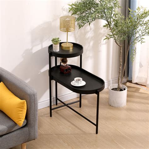 Modern 2-Tier Side Table, Metal End Table with Round Tray Top and ...