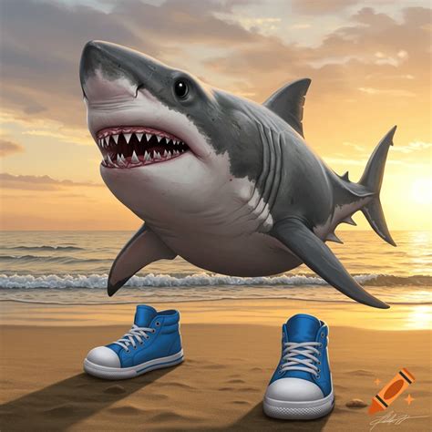 Cartoon illustration of a shark wearing blue high-top shoes underwater ...