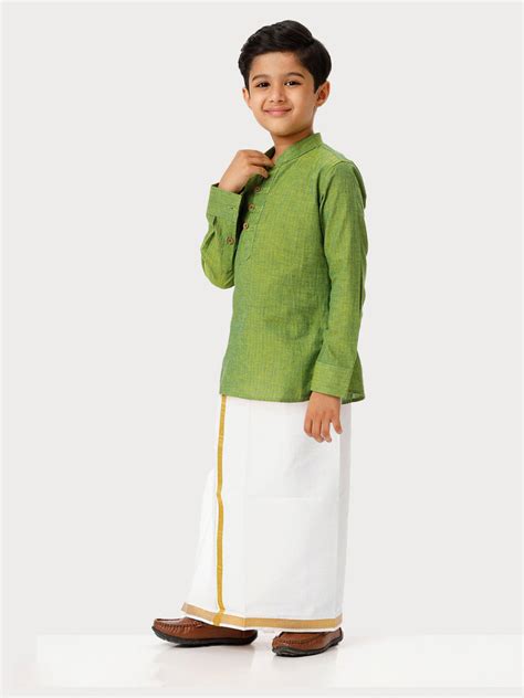 Boys Breeze Cotton Full Sleeves Yellowish Green Kurta with Dhoti Combo ...