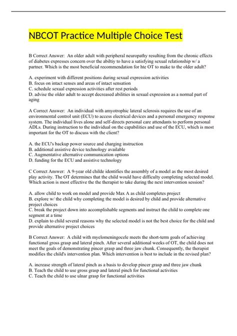 NBCOT Practice Multiple Choice Test Questions With Complete Solutions ...