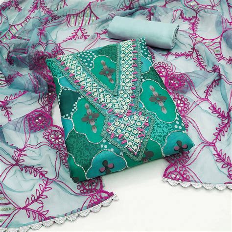 Turquoise Floral Printed Organza Dress Material