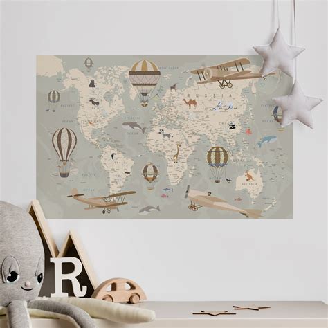 Kids Wallpaper World Map With Animals Wall Mural Wall Stickers ...