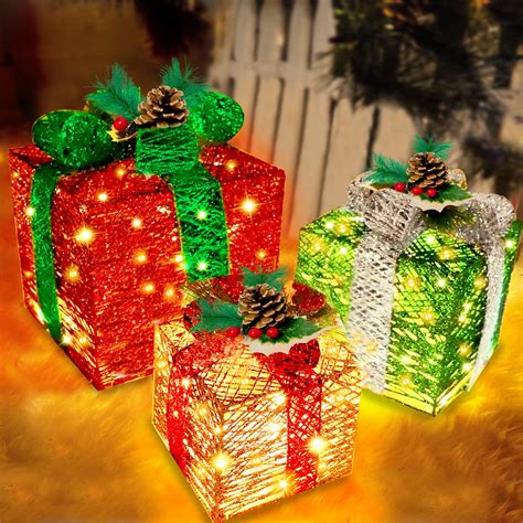 [ Super Large 12"-10"-8" ] 3 Pack 60 LED Christmas Lighted Gift Boxes ...