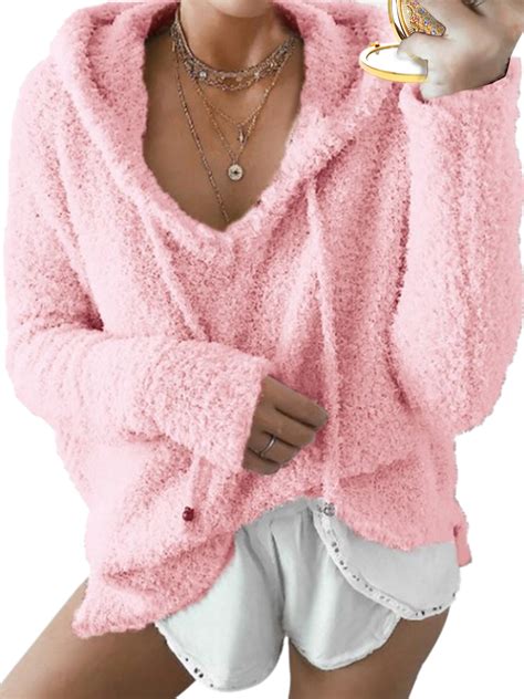 Women's Plush Fuzzy Drawstring V Neck Hoodies Long Sleeve Sherpa Fleece ...