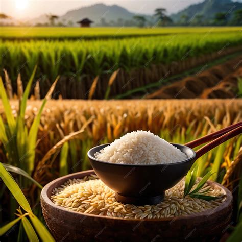 Premium Photo | Grains of rice with a background of padi field for farm agriculture