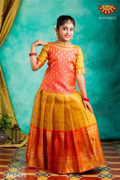 Latest Trendy Attractive Pattu Pavadai For Girl Kids-Ethnic Wear-Peach