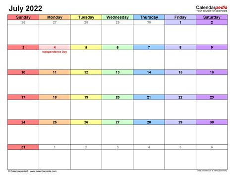 July 2022 Calendar | Templates for PDF, Excel and Word