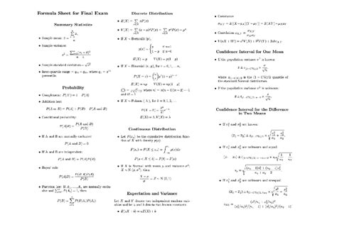 Stats for DS: Essential Formula Sheet for Quick Reference - Studocu