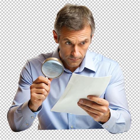 Homem olha para um documento de papel através de uma lupa em um fundo ...