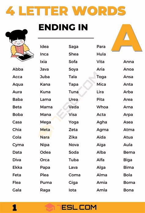 567 Cool 4 Letter Words that End in A in English • 7ESL
