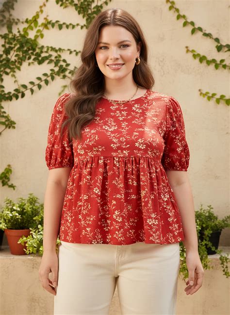 Women Red & White Floral Printed Round Neck Back Keyhole Pleated ...
