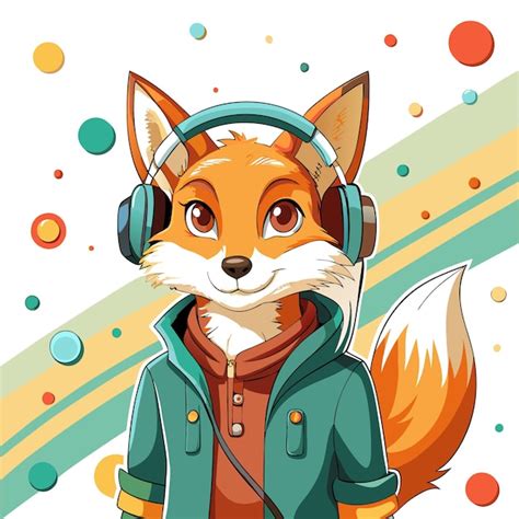 A cute cartoon fox wearing headphones and a jacket on a colorful ...