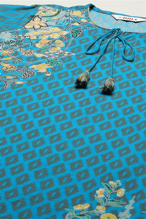 Turquoise Cotton Straight Printed Kurta Ankle Length Suit Set at Biba India