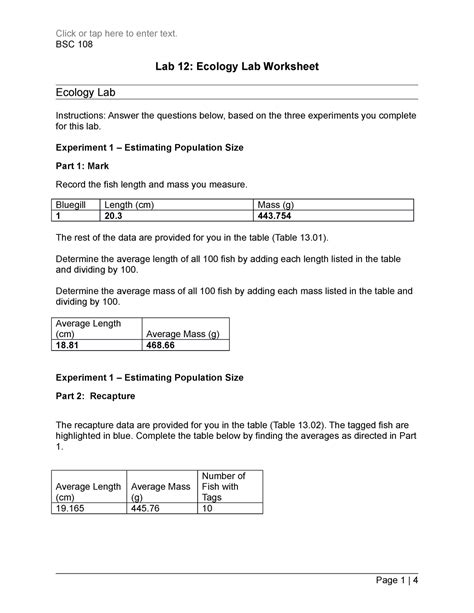 BSC 108 Lab12 - Ecology Lab Worksheet - BSC 108 Lab 12: Ecology Lab ...
