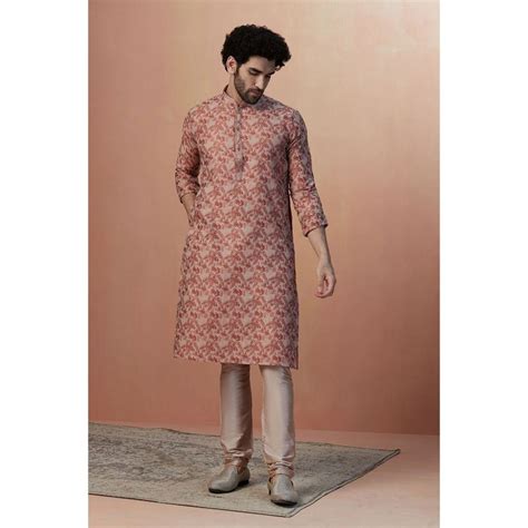 Buy Manyavar Blended Cotton Rust Printed Mandarin Collar Kurta with ...