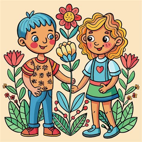 ��. �������� � ��������� �����������. Um desenho de desenho animado de um menino e uma menina de m?os dadas ...